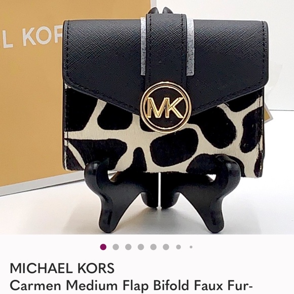 MICHAEL KORS Carmen Medium Flap Bifold Faux Fur-Leather Wallet BLACK COLOR - Picture 1 of 6